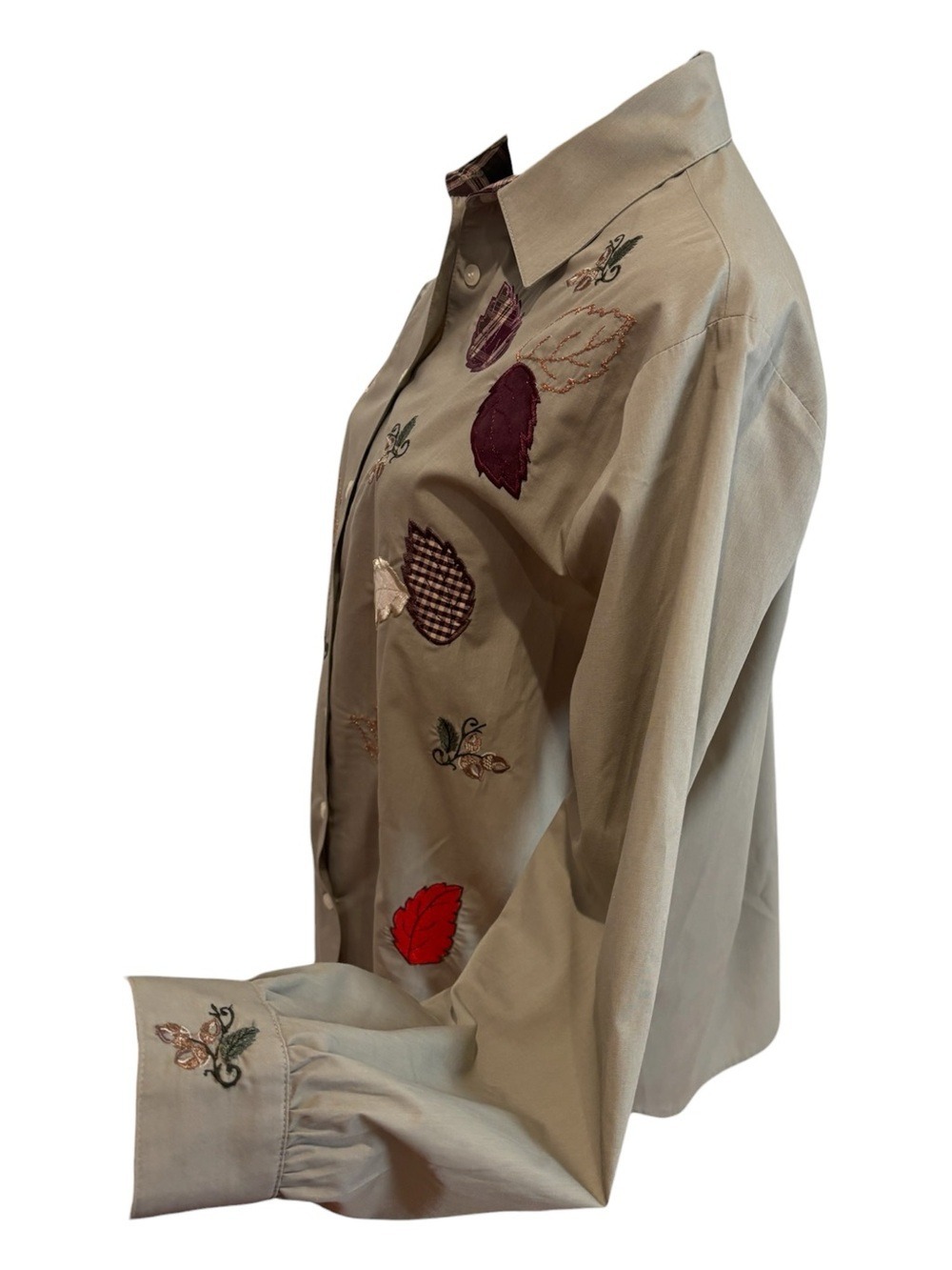70s KAREN SCOTT TAUPE BLOUSE W PLAID ACCENTS W LEAF APPLIQUE & EMBROIDERED SZ S - Picture 3 of 8